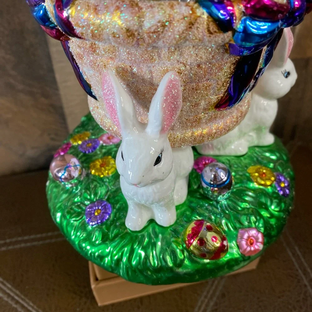 VINTAGE Christopher Radko Easter Bunny & Eggs Decorative Candy Dish 2004 Glitter